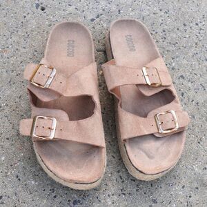 CUCCOO Taupe Double Buckle Platform Slides Size 41 Espadrille Boho